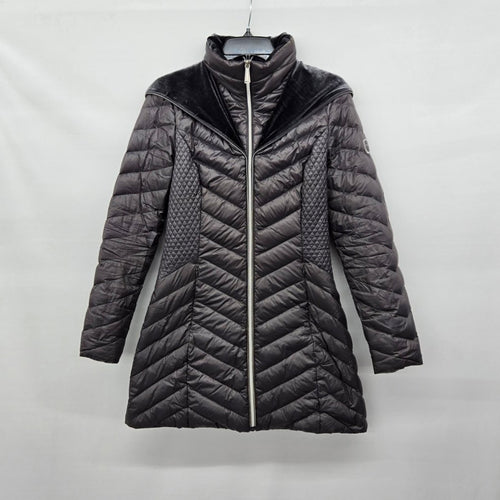 Laundry Charcoal Down Puffer Coat Velvet Trim Hooded Long Jacket - Size S/XS