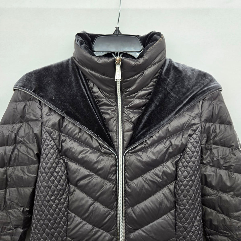Laundry Charcoal Down Puffer Coat Velvet Trim Hooded Long Jacket - Size S/XS