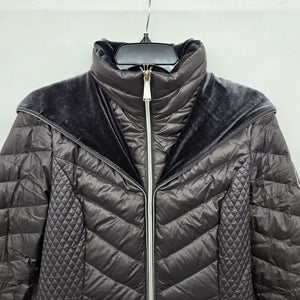 Laundry Charcoal Down Puffer Coat Velvet Trim Hooded Long Jacket - Size S/XS