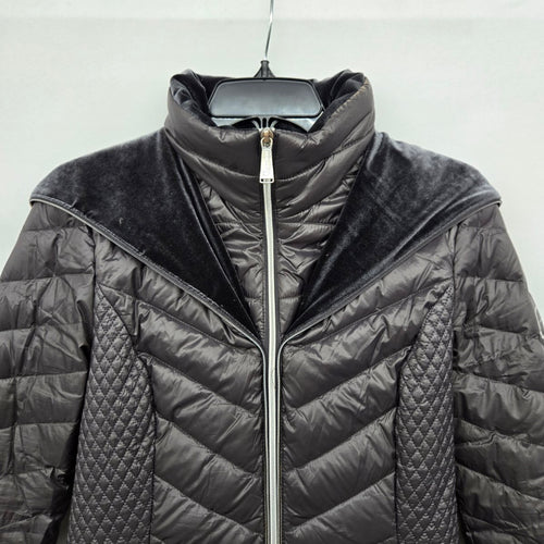 Laundry Charcoal Down Puffer Coat Velvet Trim Hooded Long Jacket - Size S/XS