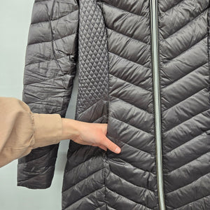 Laundry Charcoal Down Puffer Coat Velvet Trim Hooded Long Jacket - Size S/XS
