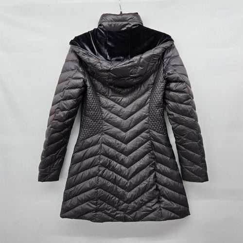Laundry Charcoal Down Puffer Coat Velvet Trim Hooded Long Jacket - Size S/XS