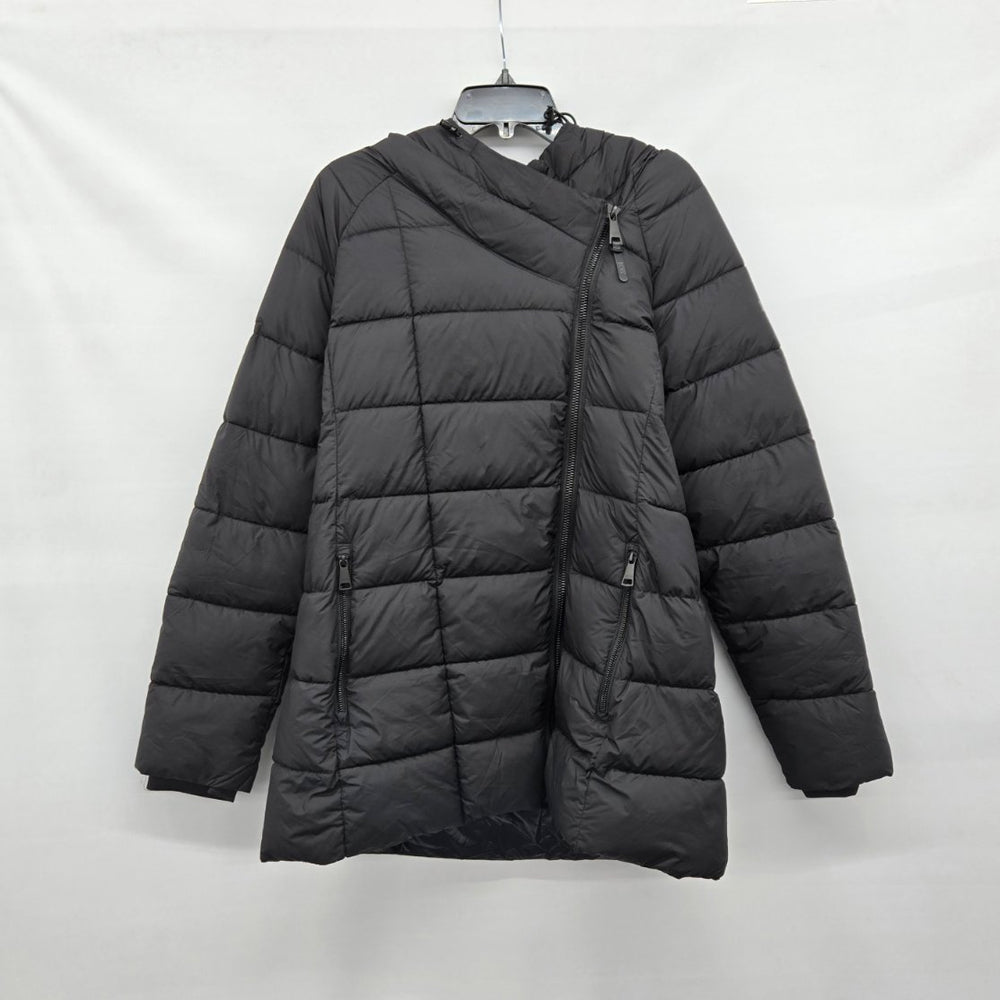DKNY Black Hooded Asymmetrical Zip Puffer Coat - Size L
