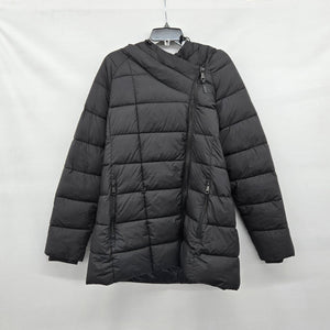 DKNY Black Hooded Asymmetrical Zip Puffer Coat - Size L