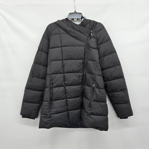 DKNY Black Hooded Asymmetrical Zip Puffer Coat - Size L