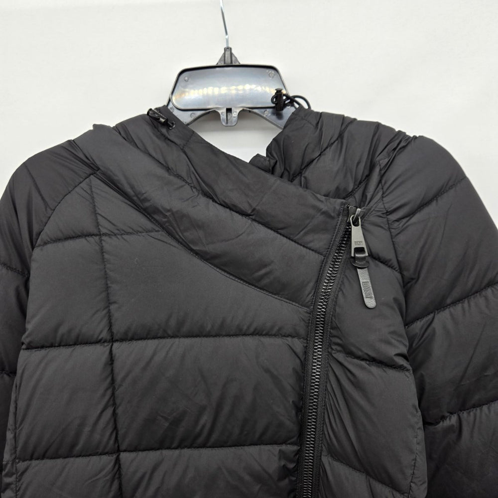 DKNY Black Hooded Asymmetrical Zip Puffer Coat - Size L