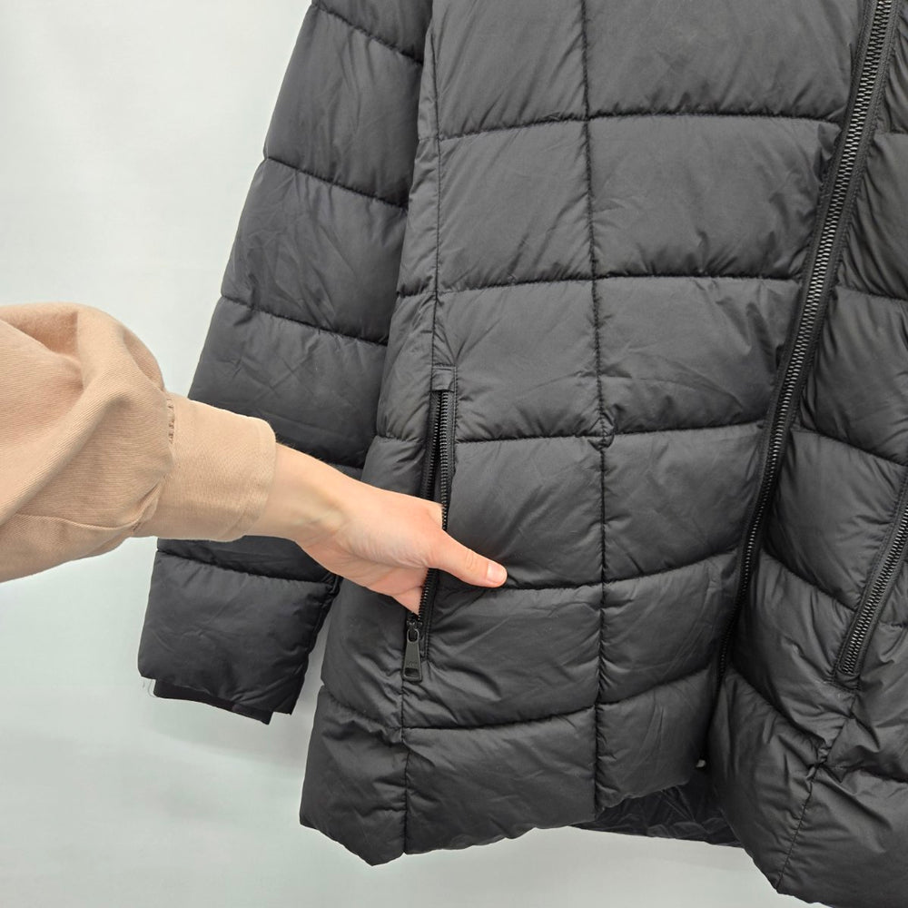 DKNY Black Hooded Asymmetrical Zip Puffer Coat - Size L