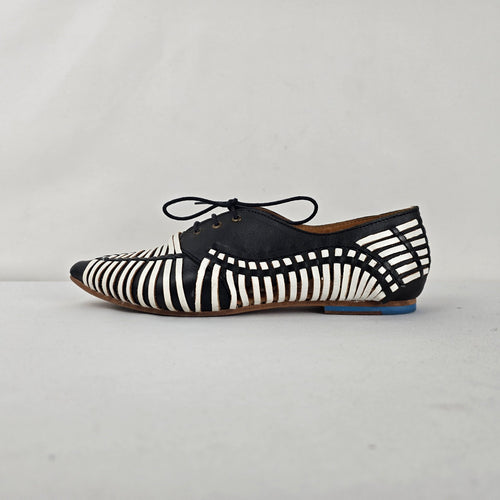 John Fluevog Ella - Black & White Woven Huarache Lace-up Shoe Size 9