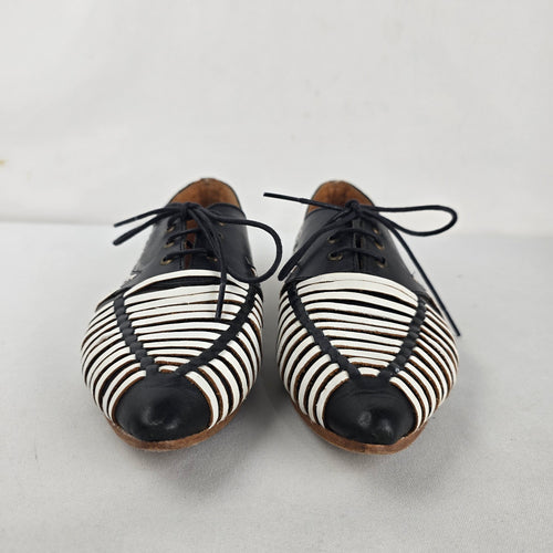 John Fluevog Ella - Black & White Woven Huarache Lace-up Shoe Size 9
