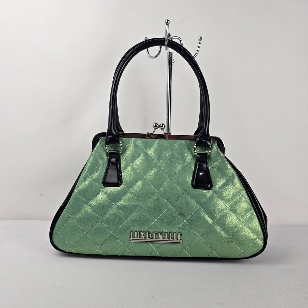 Lux de Ville Green Quilted Metallic Kiss-Lock Handbag Black Patent Trim