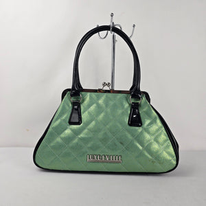 Lux de Ville Green Quilted Metallic Kiss-Lock Handbag Black Patent Trim