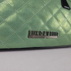 Lux de Ville Green Quilted Metallic Kiss-Lock Handbag Black Patent Trim