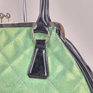 Lux de Ville Green Quilted Metallic Kiss-Lock Handbag Black Patent Trim