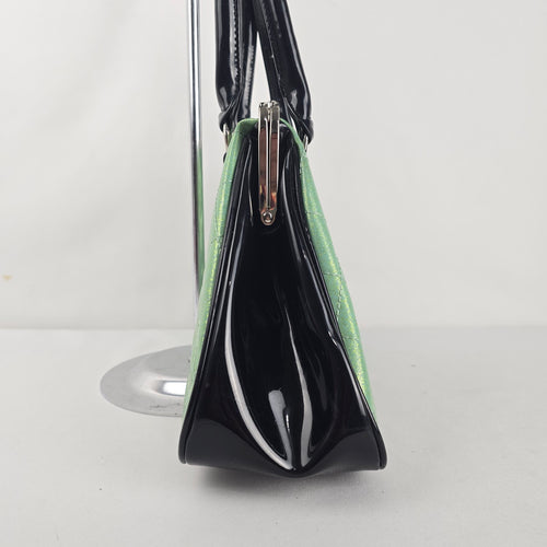 Lux de Ville Green Quilted Metallic Kiss-Lock Handbag Black Patent Trim
