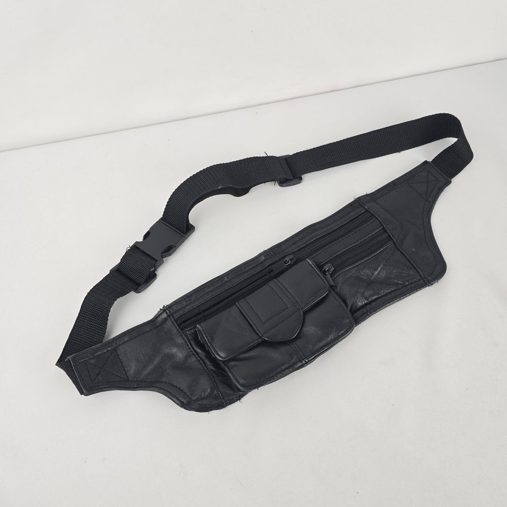 Vintage Black Leather Multi-Pocket Fanny Pack Waist Bag Adjustable Belt