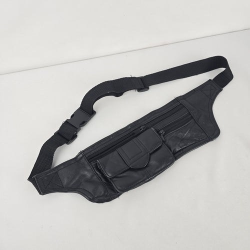 Vintage Black Leather Multi-Pocket Fanny Pack Waist Bag Adjustable Belt