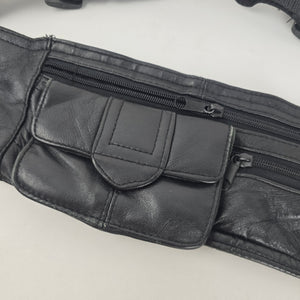 Vintage Black Leather Multi-Pocket Fanny Pack Waist Bag Adjustable Belt