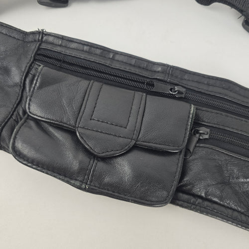 Vintage Black Leather Multi-Pocket Fanny Pack Waist Bag Adjustable Belt