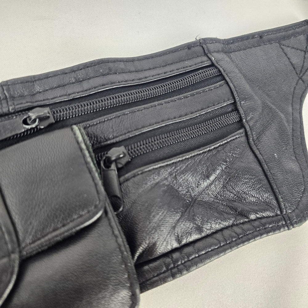 Vintage Black Leather Multi-Pocket Fanny Pack Waist Bag Adjustable Belt