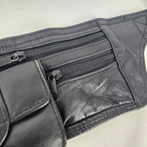 Vintage Black Leather Multi-Pocket Fanny Pack Waist Bag Adjustable Belt