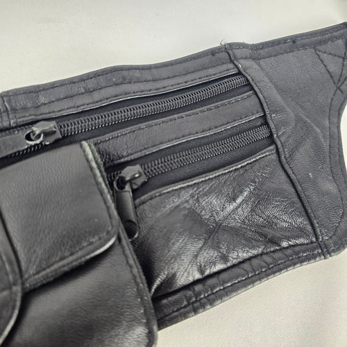 Vintage Black Leather Multi-Pocket Fanny Pack Waist Bag Adjustable Belt