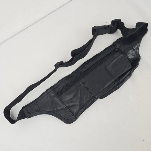 Vintage Black Leather Multi-Pocket Fanny Pack Waist Bag Adjustable Belt
