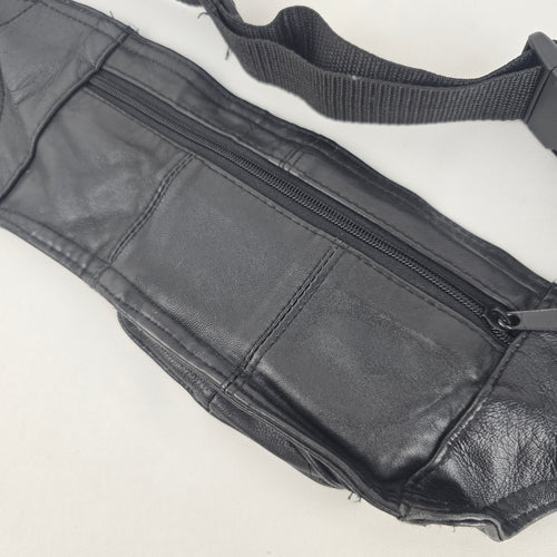 Vintage Black Leather Multi-Pocket Fanny Pack Waist Bag Adjustable Belt