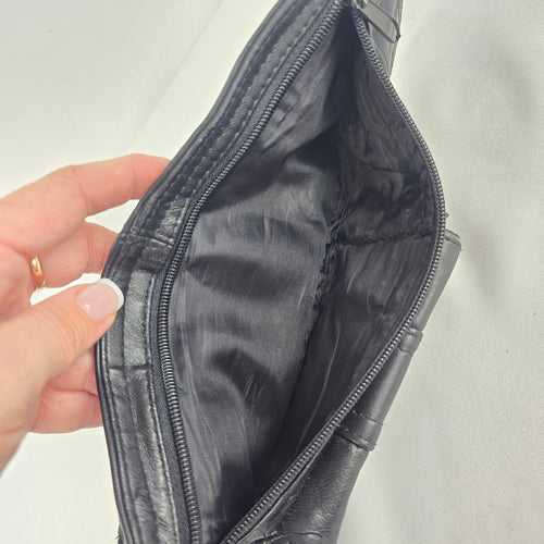 Vintage Black Leather Multi-Pocket Fanny Pack Waist Bag Adjustable Belt