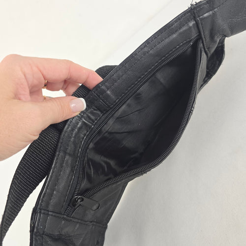 Vintage Black Leather Multi-Pocket Fanny Pack Waist Bag Adjustable Belt