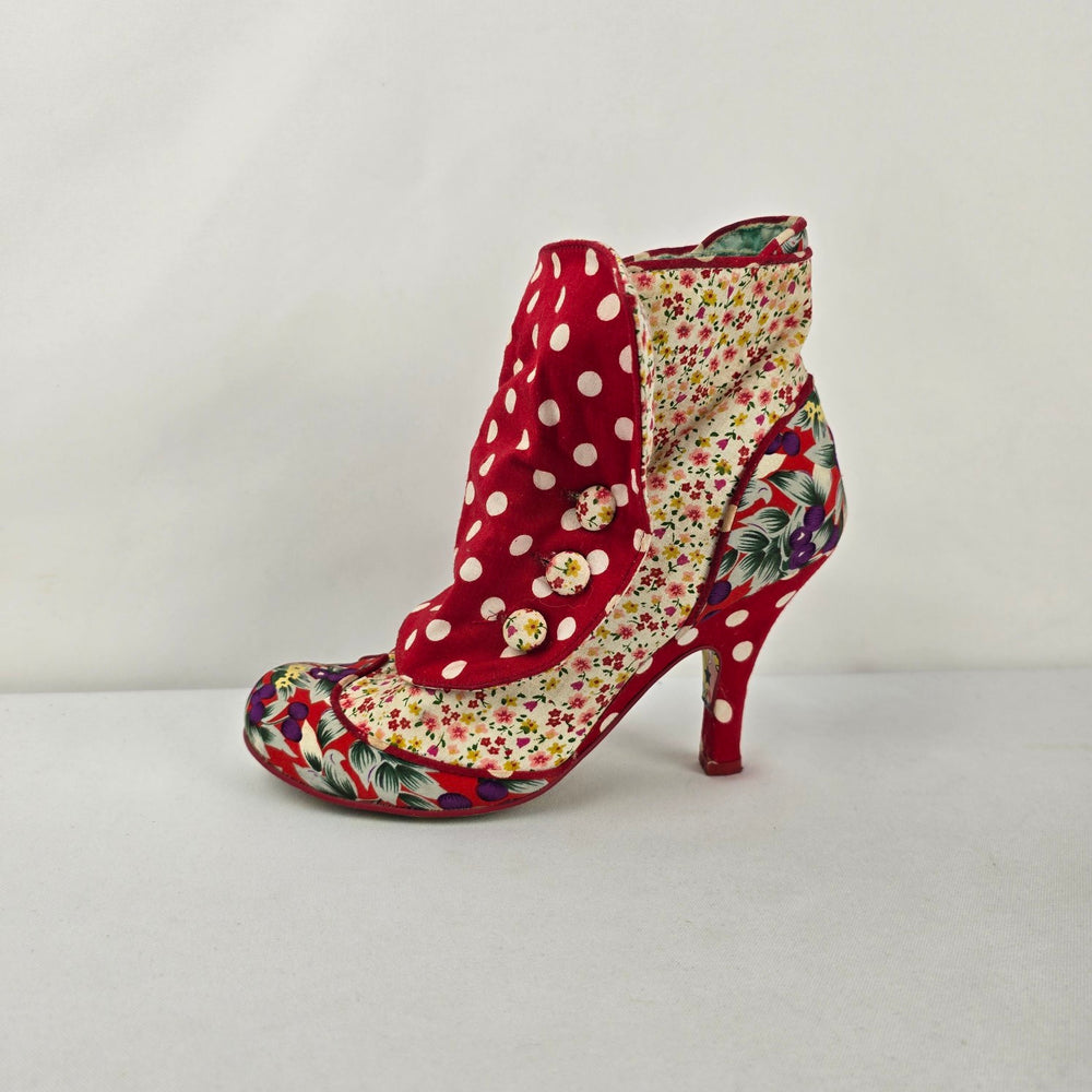 Irregular Choice "Spat Attack" Patchwork Booties Floral Polka Dot Fabric Heels Size 6.5