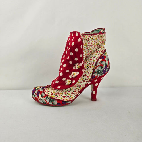Irregular Choice "Spat Attack" Patchwork Booties Floral Polka Dot Fabric Heels Size 6.5