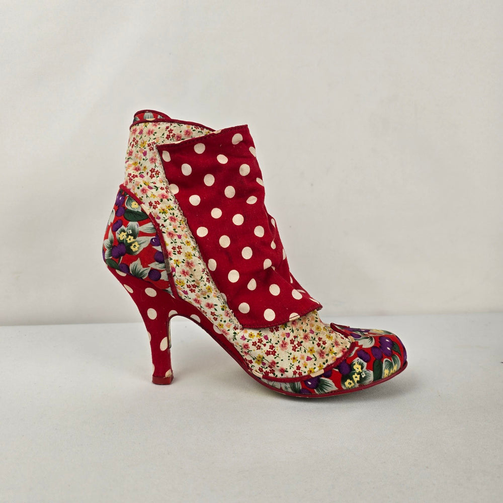 Irregular Choice "Spat Attack" Patchwork Booties Floral Polka Dot Fabric Heels Size 6.5