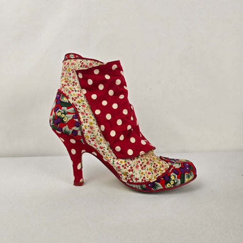 Irregular Choice "Spat Attack" Patchwork Booties Floral Polka Dot Fabric Heels Size 6.5