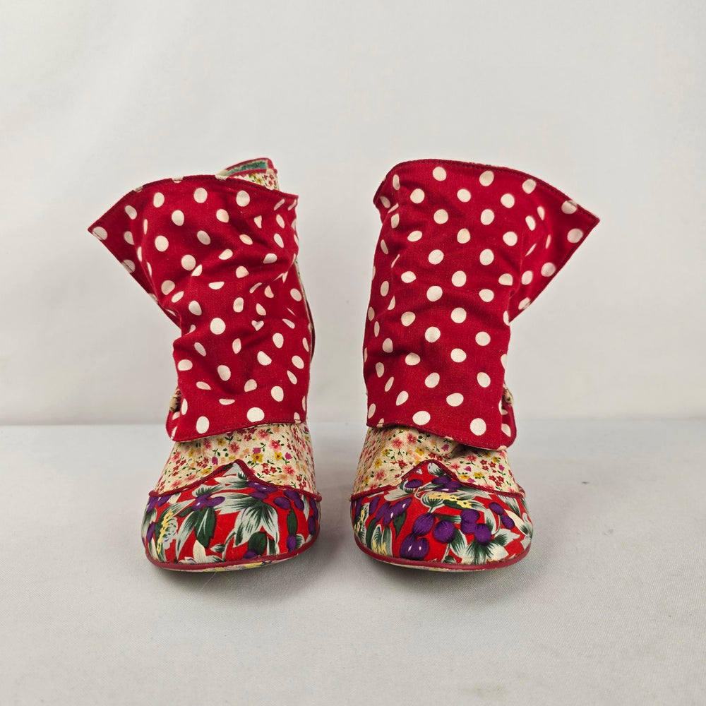 Irregular Choice "Spat Attack" Patchwork Booties Floral Polka Dot Fabric Heels Size 6.5