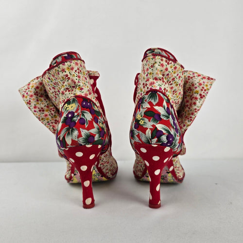 Irregular Choice "Spat Attack" Patchwork Booties Floral Polka Dot Fabric Heels Size 6.5