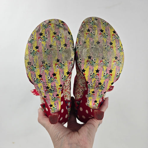 Irregular Choice "Spat Attack" Patchwork Booties Floral Polka Dot Fabric Heels Size 6.5