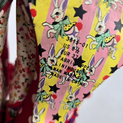 Irregular Choice "Spat Attack" Patchwork Booties Floral Polka Dot Fabric Heels Size 6.5