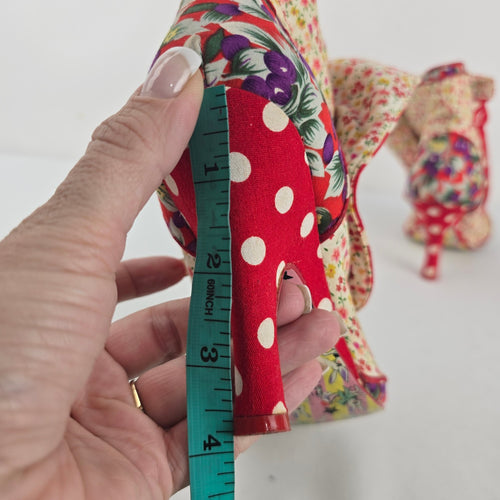 Irregular Choice "Spat Attack" Patchwork Booties Floral Polka Dot Fabric Heels Size 6.5