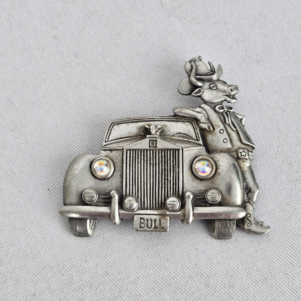 Vintage JJ Jonette Bull & Rolls Royce Car Brooch Silver Tone Rhinestone Pin