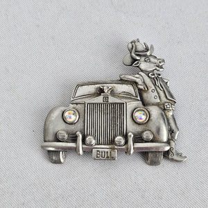 Vintage JJ Jonette Bull & Rolls Royce Car Brooch Silver Tone Rhinestone Pin