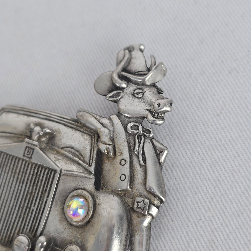 Vintage JJ Jonette Bull & Rolls Royce Car Brooch Silver Tone Rhinestone Pin