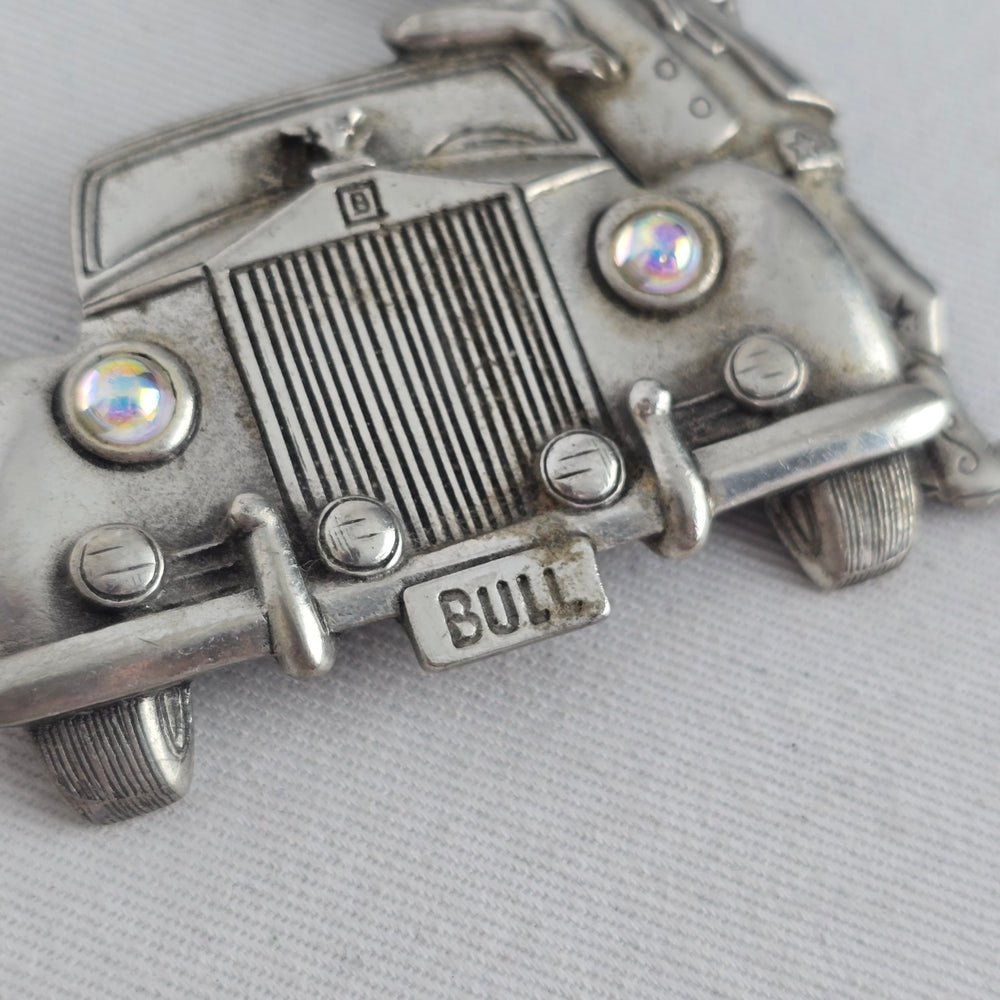 Vintage JJ Jonette Bull & Rolls Royce Car Brooch Silver Tone Rhinestone Pin