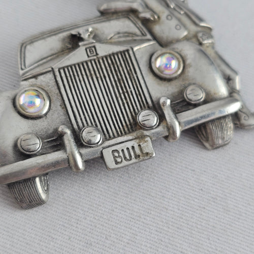 Vintage JJ Jonette Bull & Rolls Royce Car Brooch Silver Tone Rhinestone Pin