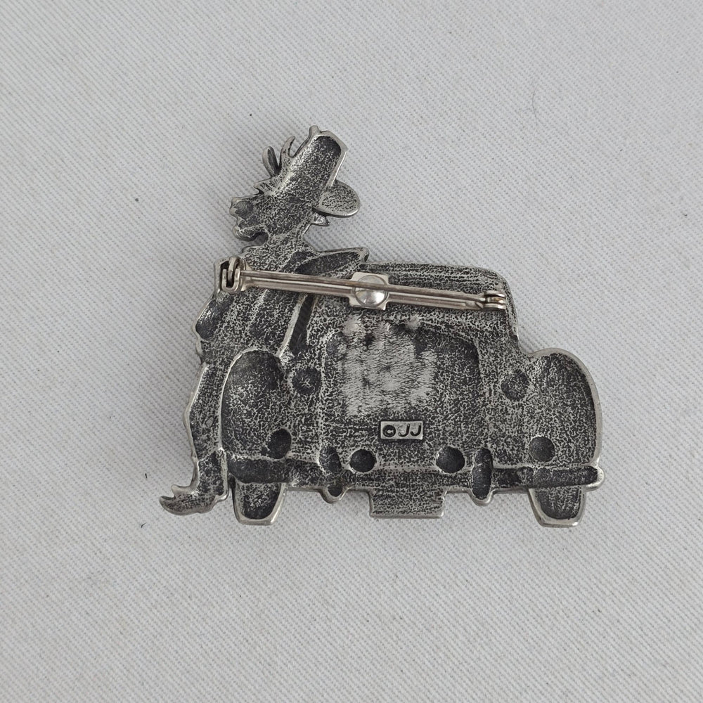 Vintage JJ Jonette Bull & Rolls Royce Car Brooch Silver Tone Rhinestone Pin