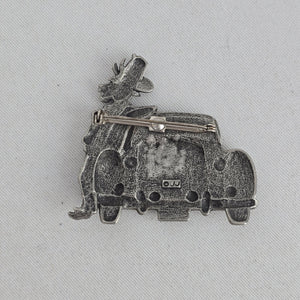 Vintage JJ Jonette Bull & Rolls Royce Car Brooch Silver Tone Rhinestone Pin