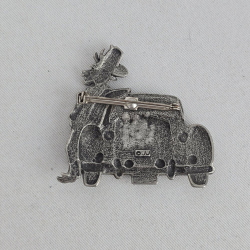 Vintage JJ Jonette Bull & Rolls Royce Car Brooch Silver Tone Rhinestone Pin
