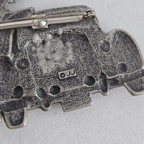 Vintage JJ Jonette Bull & Rolls Royce Car Brooch Silver Tone Rhinestone Pin