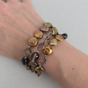Silpada B1850 Bronze Coin Pearl Smoky Quartz 925 Sterling Silver 3-Strand Bracelet