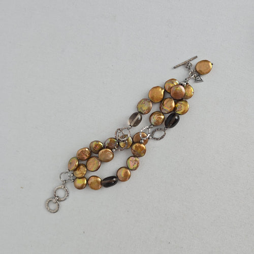Silpada B1850 Bronze Coin Pearl Smoky Quartz 925 Sterling Silver 3-Strand Bracelet
