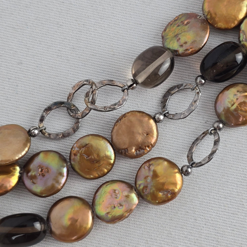 Silpada B1850 Bronze Coin Pearl Smoky Quartz 925 Sterling Silver 3-Strand Bracelet